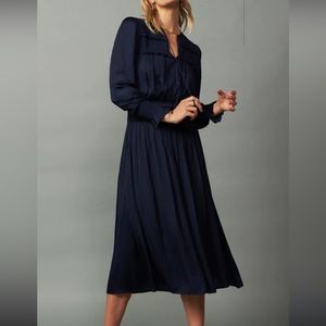 Navy blue, long-sleeve V-neck midi dress, tie-up neckline